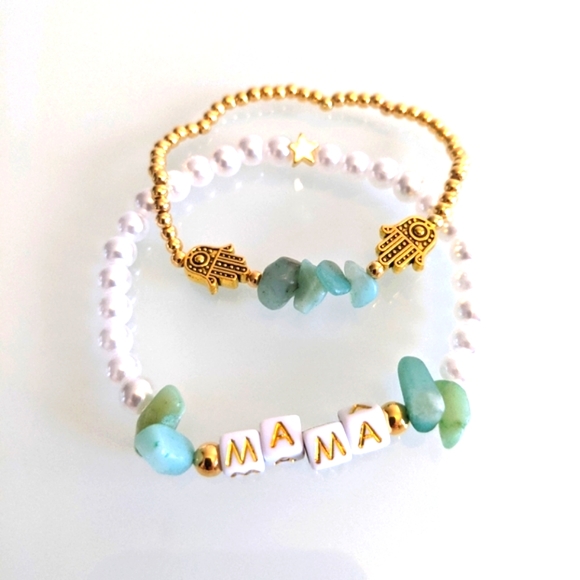 2 stone, gold plated beads, pearl & lettered bracelet stackable - Picture 9 of 11